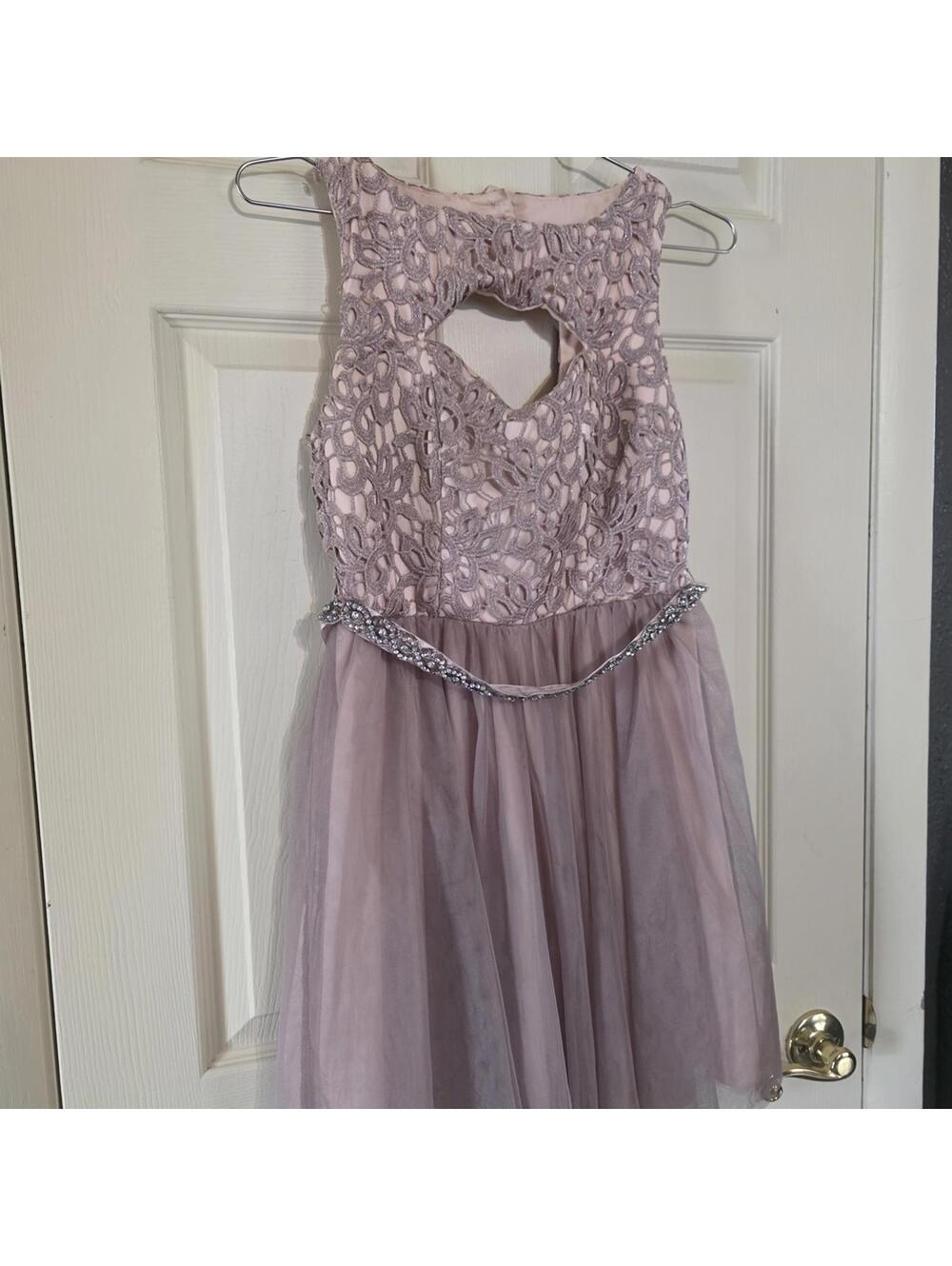 Elegant Pink Lace and Tulle Party Dress with Beaded Waist Detail